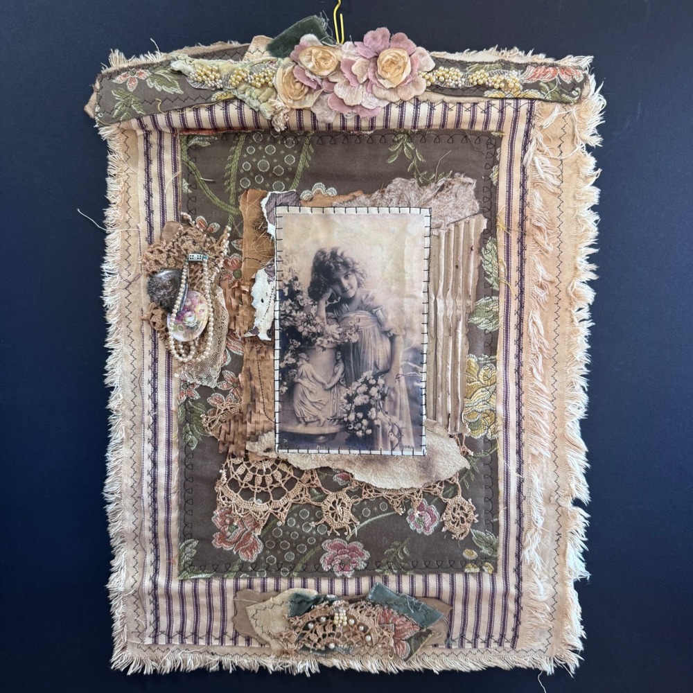 KC Willis FIber Mixed Media Tapastry Wall Art Cottage Flowers Embellished Worn